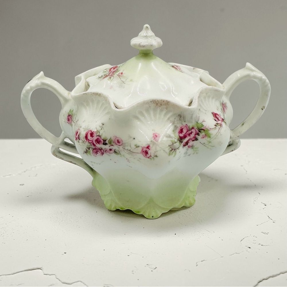 RS Prussia Early 1900's Sugar Bowl Pink Roses Lid Double Handle Vintage Antique